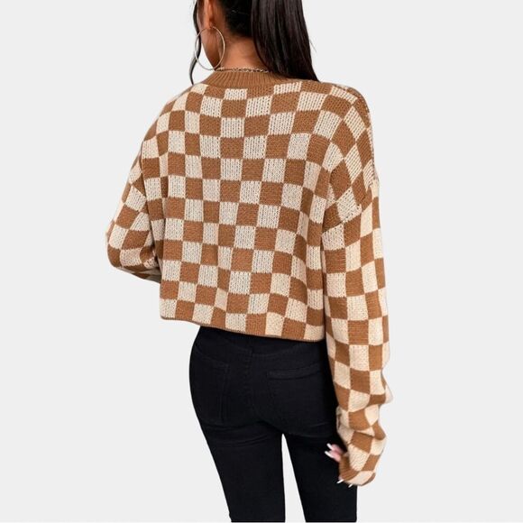 Checkered Pattern Drop Shoulder Sweater - Picture 2 of 7